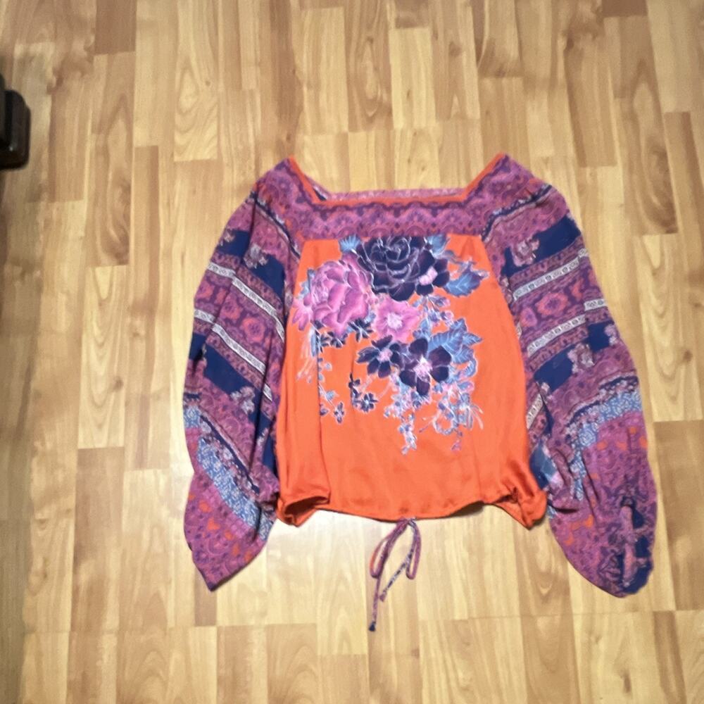 Free People Women's S Blouse Blue Nile Floral Boho Square Neck 3/4 Sleeves